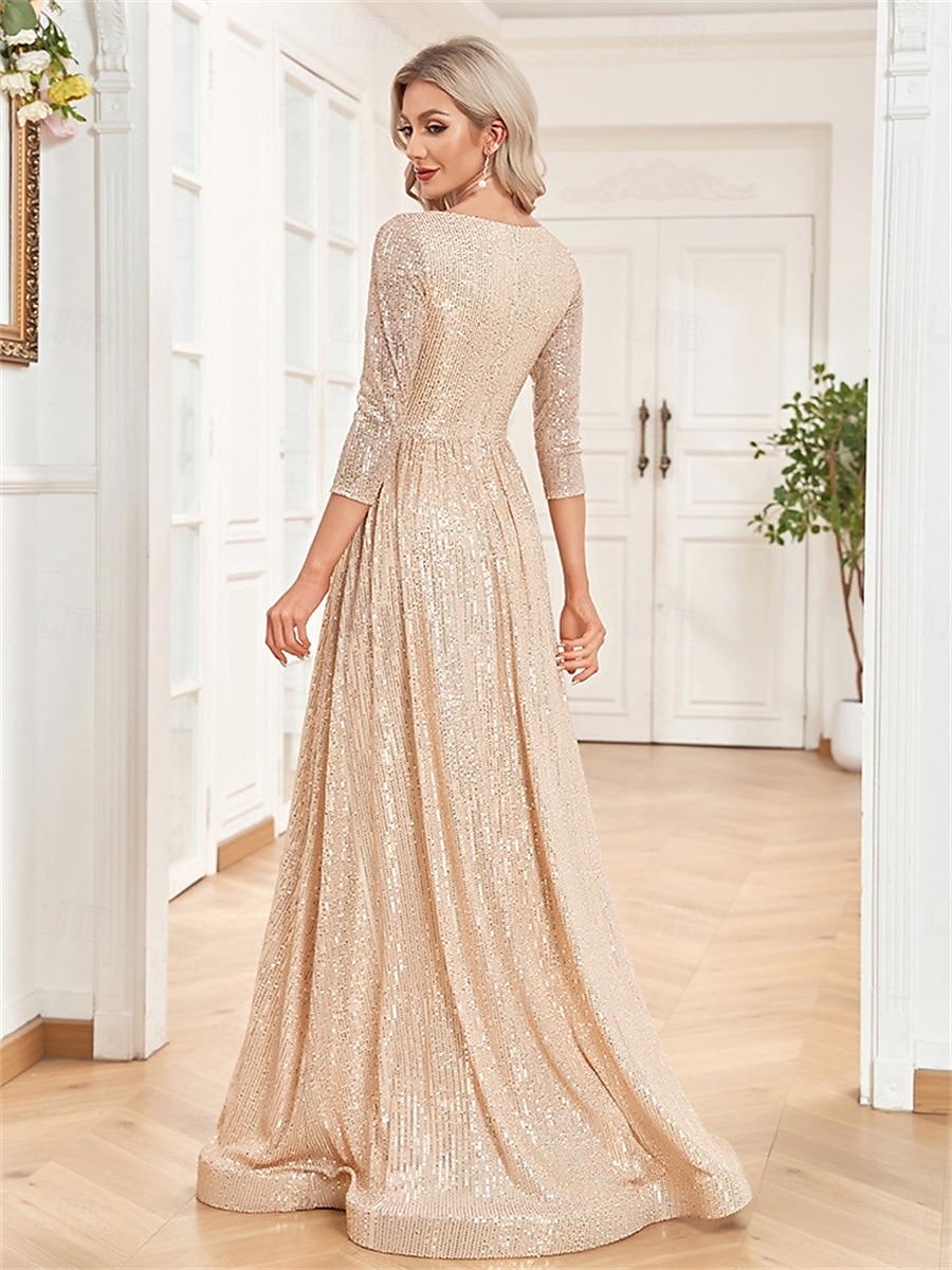 A-linjade Quinceanera Klänningar Elegant Klänning Bröllop Bröllop Gäst Golvlång 3/4 Lång Ärm V-hals Bomull med Strass 2025 - $105.99 –P5