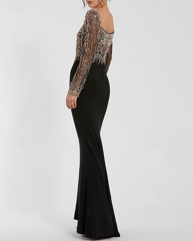 Meerjungfrau/Trompete Abendkleid elegantes Kleid formelle Abendparty bodenlang Langarm quadratischer Ausschnitt Stretch-Crêpe mit Perlenkristallen 2025 2025 - $196.99 –P3