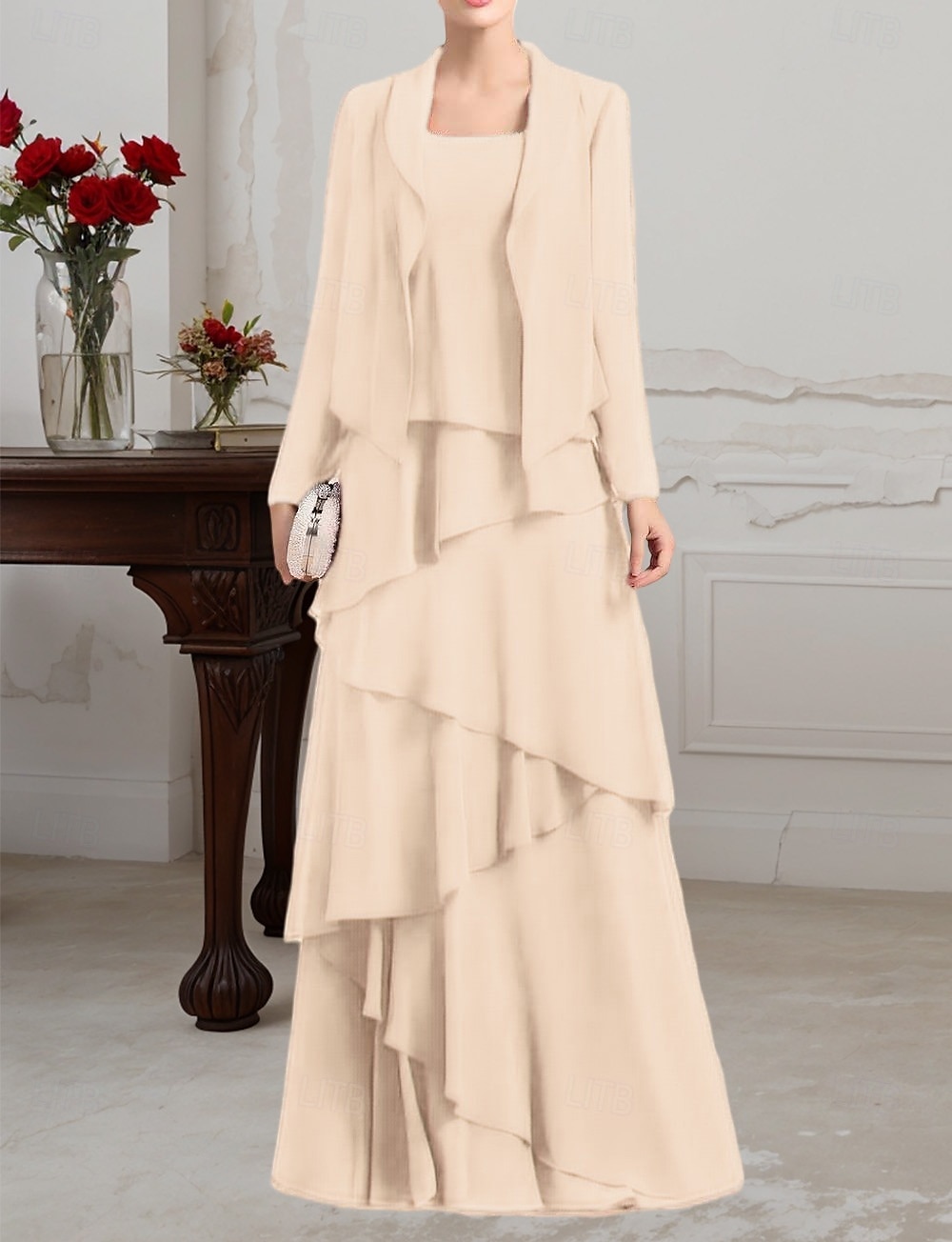 Abito A-Line 3 Pezzi per la madre della sposa Abito formale Elegante Vintage Semplice Girocollo Lunghezza fino al pavimento Chiffon Senza maniche Giacca con perline del 2025 a $185.99 –P6