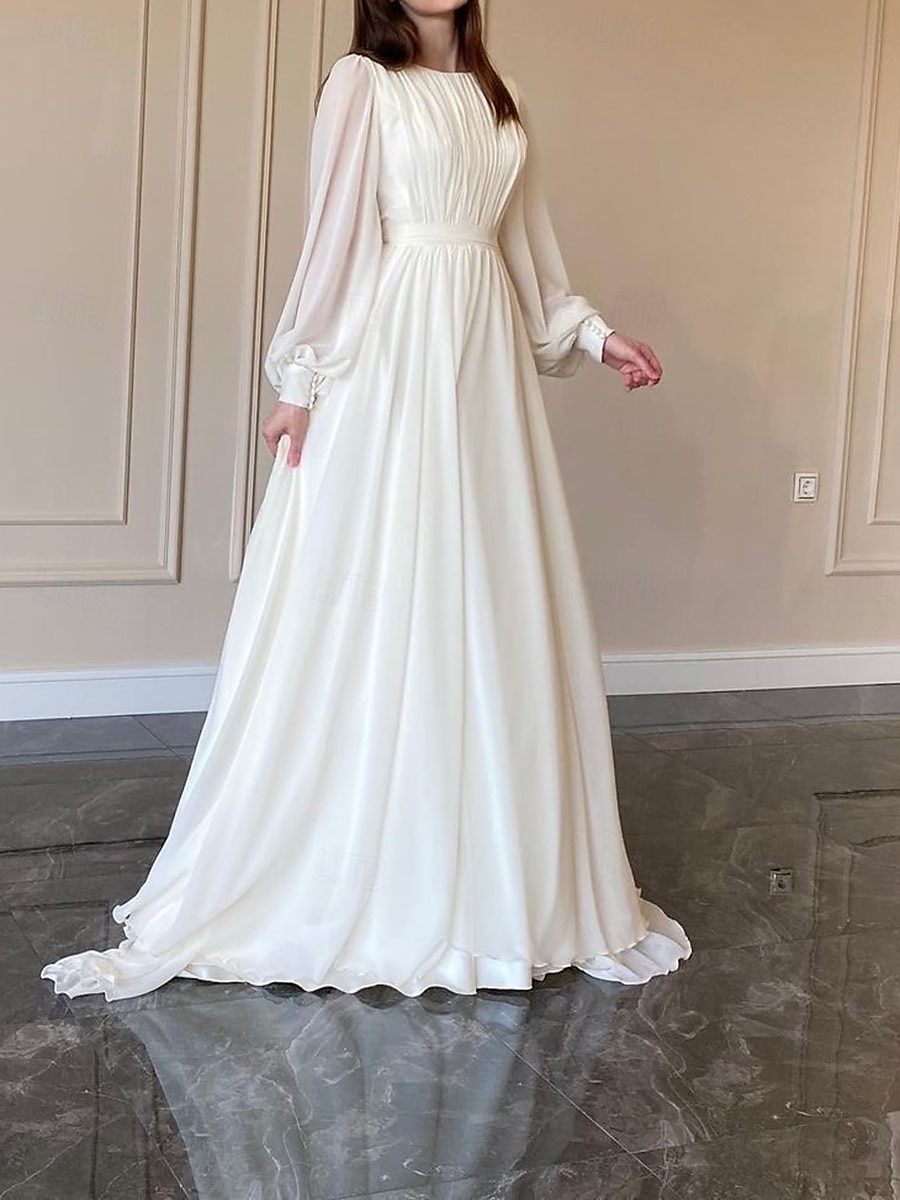Erntedank Damen Normal kleid lang Weißes Kleid Chiffon-Kleid Schaukelkleid Elegant Ausgefallene Laternenärmel kleid hochzeitsgast Geburtstag Regular Fit Feste Farbe Langarm Rundhalsausschnitt Weiß 2025 - $38.99 –P3
