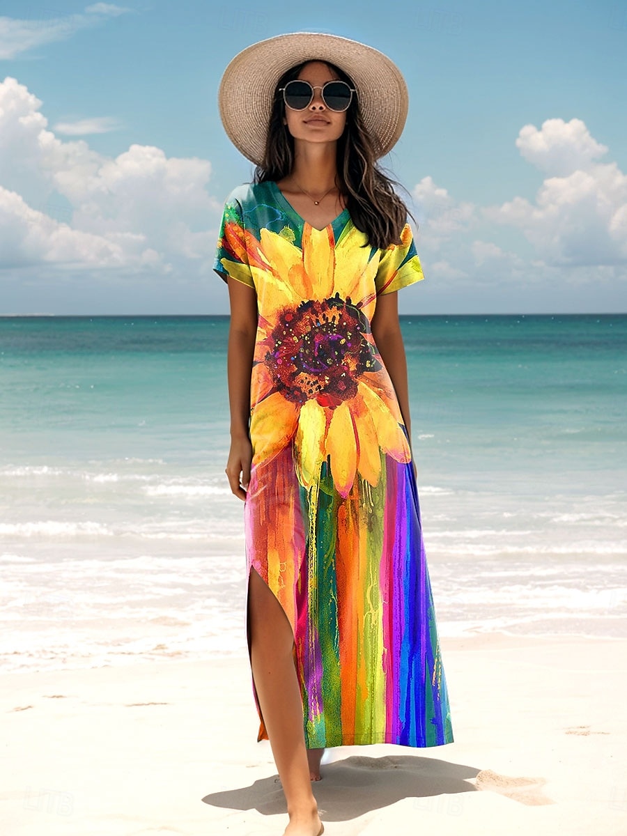Damskie Sukienka maxi Sukienka letnia Sukienka A line Letnie sukienki Urlop Codzienny Codzienny Regularny Ombre Kwiaty Graficzny Krótki rękaw W serek Zielony Lato 2025 - $28.99 –P1
