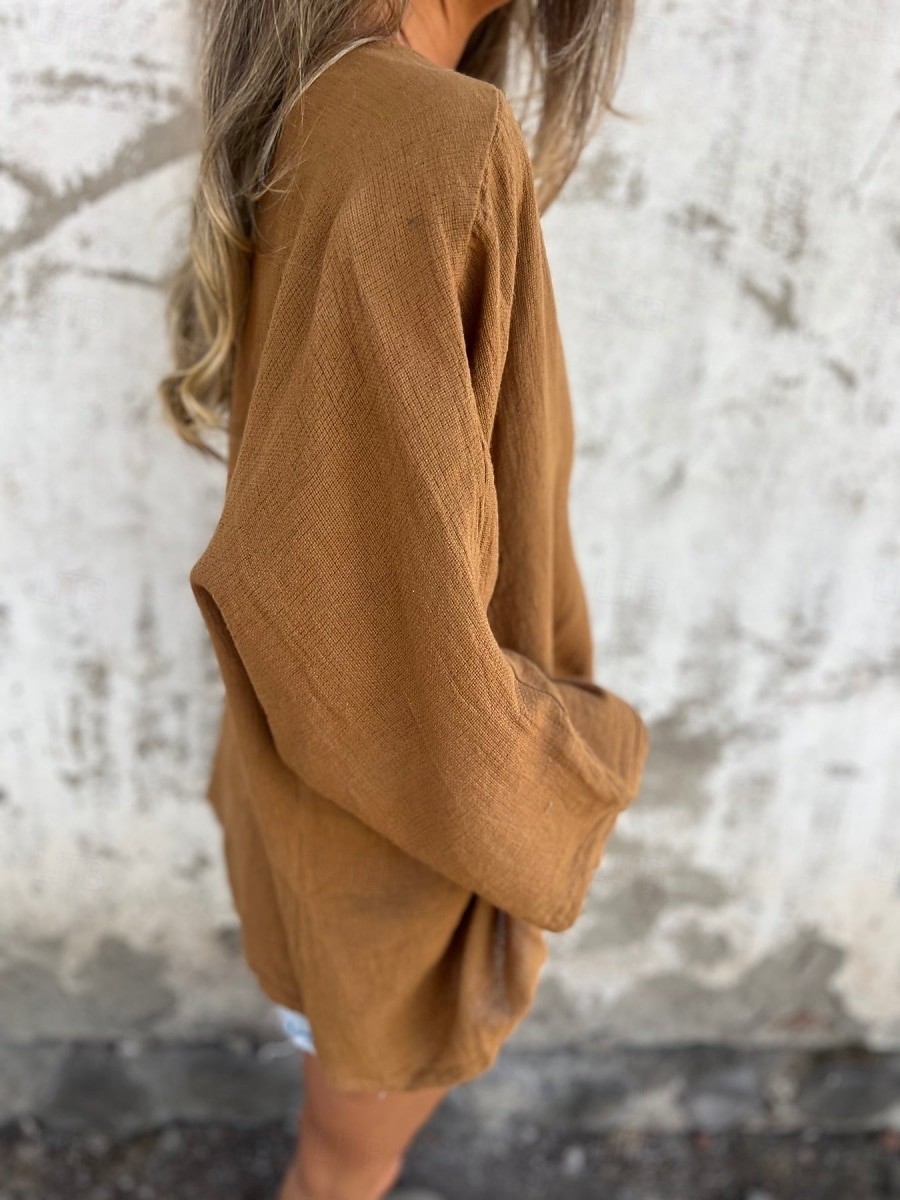 Damen Hemd Leinen-inspirierte Hemden Knopfleiste Bluse Einfach Basic Modern Langarm V Ausschnitt Normale Oberteile Täglich Ferien Knöpfe Schwarz Orange Braun Grün Beige Sommer 2025 - $19.99 –P10