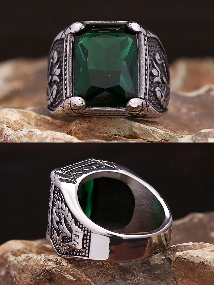 Vintage Men's Stainless Steel Emerald Gemstone Ring - Vintage Gothic Silver Statement Ring, Engraved Antique Style, Fashion Jewelry for Weddings, Parties and Daily Wear 2025 - $14.99 –P6