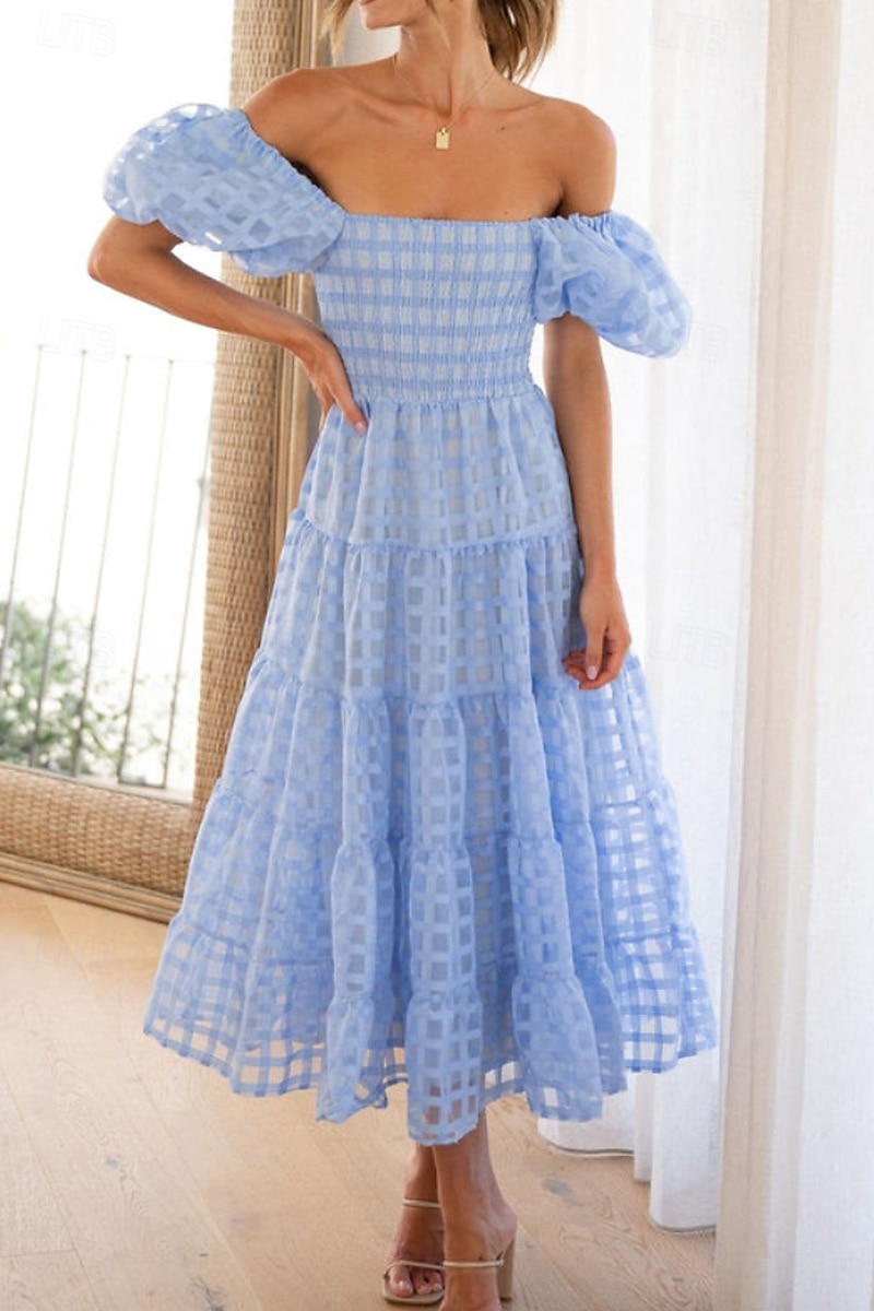 Women's Midi Dress Graduation Dress Fashion Modern Lantern Sleeve Vacation Graduation Weekend Regular Fit Plain Short Sleeve Off Shoulder Black White Yellow Pink Summer 2025 - $27.99 –P4