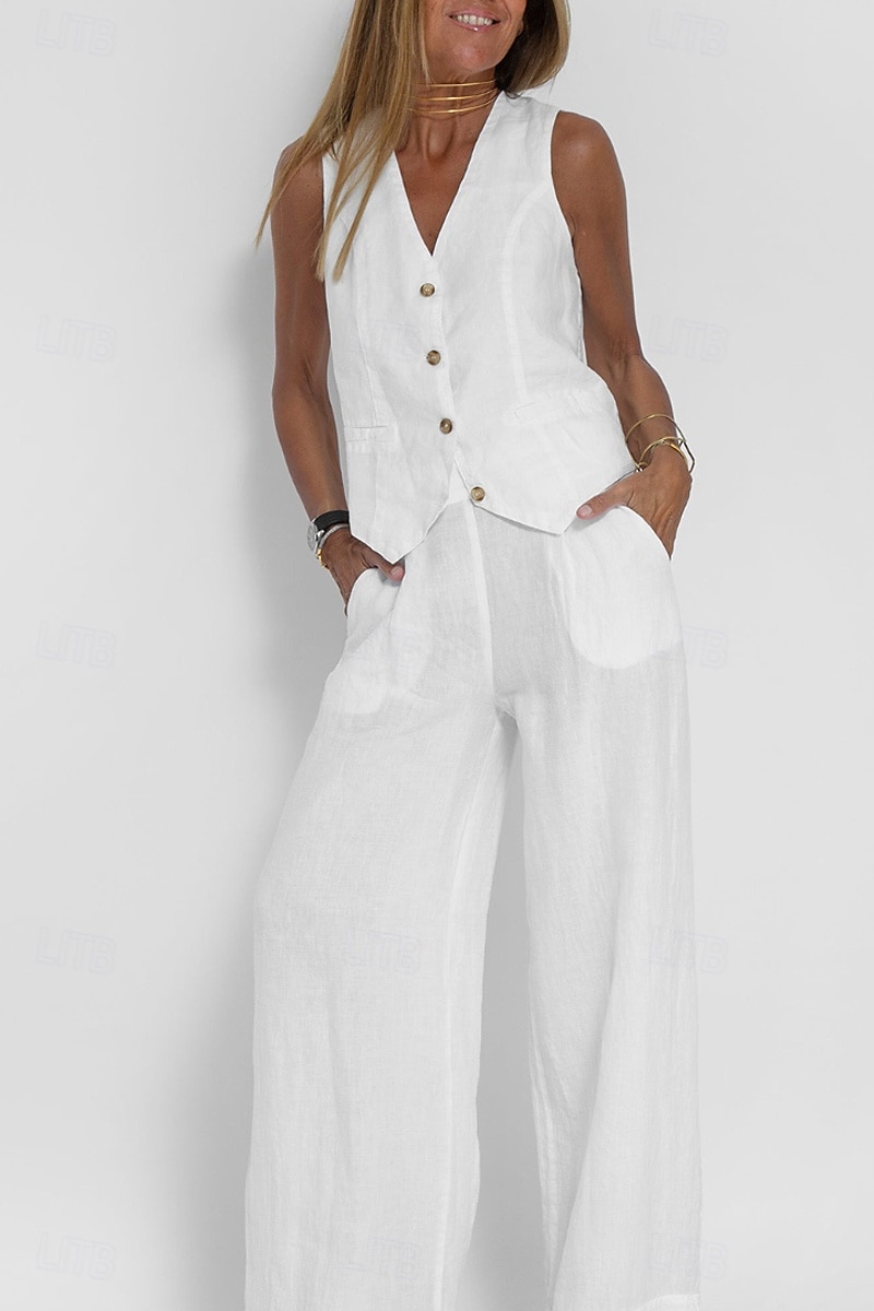 Women's Active Basic Linen-Inspired Sets Two Piece Sets Blouse Sleeveless V Neck Solid Color Dubbele Rij Knopen Vacation Casual Daily Black White Wine Summer Regular Fit 2025 - $26.99 –P12