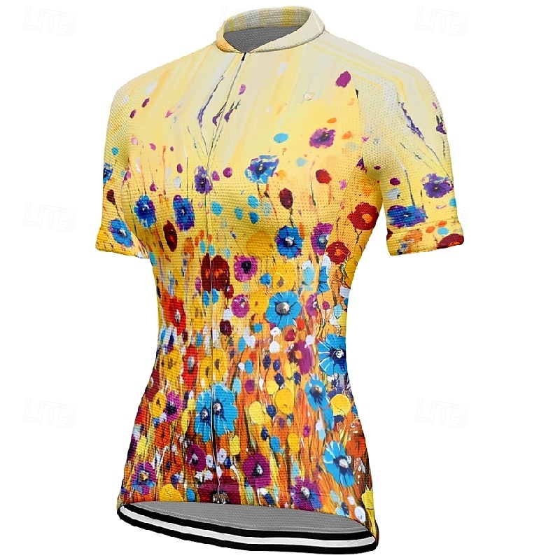 Dame Sykkeltrøyer Blomsternål i krystall Kortermet Sykkel T-skjorte Jersey med 3 baklommer Fjellsykling Hurtigtørkende Anatomisk design Vidje Pustende sport Gul Blå Oransje Klær 2026 - $23.99 –P3