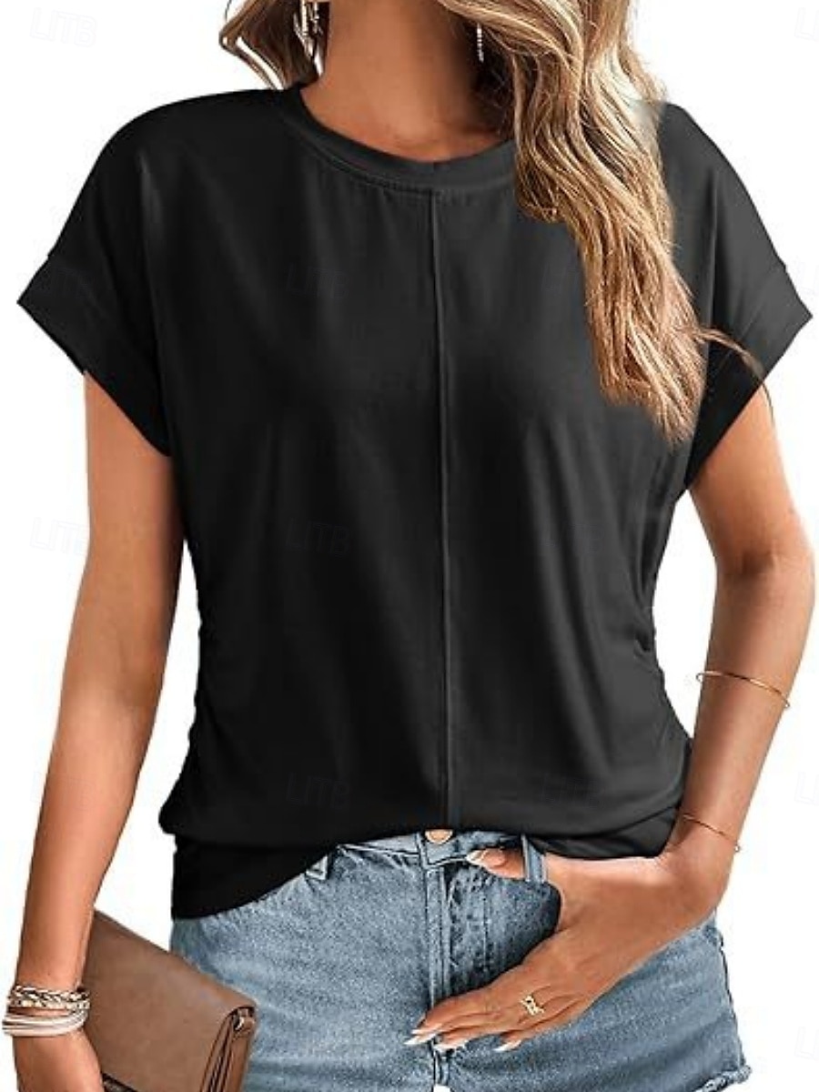T Shirt Femme Uni Élégant Décontracté Manches Courtes Col Ronde Tops Réguliers Quotidien Noir Blanc Vert Armée Vert Gris Été de 2025 ? $19.99 –P14