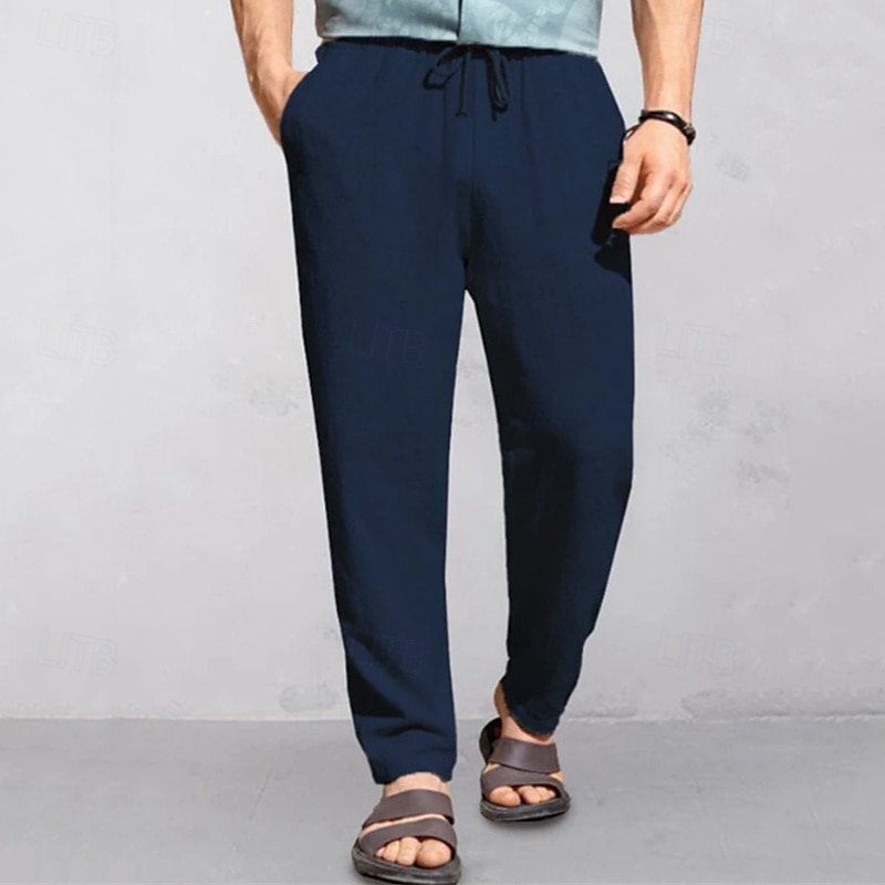 Men's Linen Pants Trousers Summer Pants Beach Pants Pocket Drawstring Elastic Waist Plain Comfort Breathable Vacation Daily Holiday Hawaiian Boho Black White 2025 - $19.99 –P9