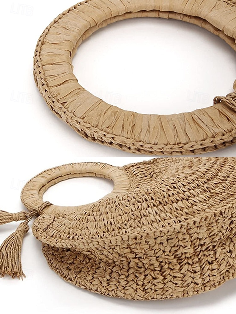 Women's Large Capacity Handmade Woven Straw Round Tote Bag - Bohemian Beach Tote with Tassels, Summer Vacation Rattan Wallet for Travel, Shopping and Vacation Brown Beige 2025 - $24.99 –P8