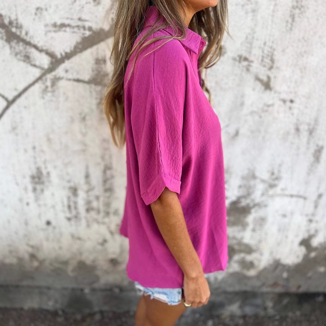 Cămașă Bluză din Bumbac și In Culori Uni Elegant Casual Mânecă Scurtă Guler Regulare Tops Zilnic Sărbătoare Butoane Negru Alb Roșu Violet Khaki Vară Primăvară 2025 - zł95.99 –P7