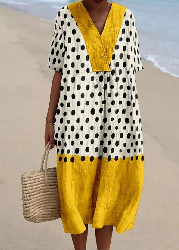 Robe Midi Femme Robe de Plage Robe en A Robe en Lin Vacances Casual Plage lin comme Sortir Ajustement Lâche Graphique Géométrique À Manches Courtes Col en V Jaune Clair Jaune Foncé Jaune Été de 2025 ? $36.99 –P5