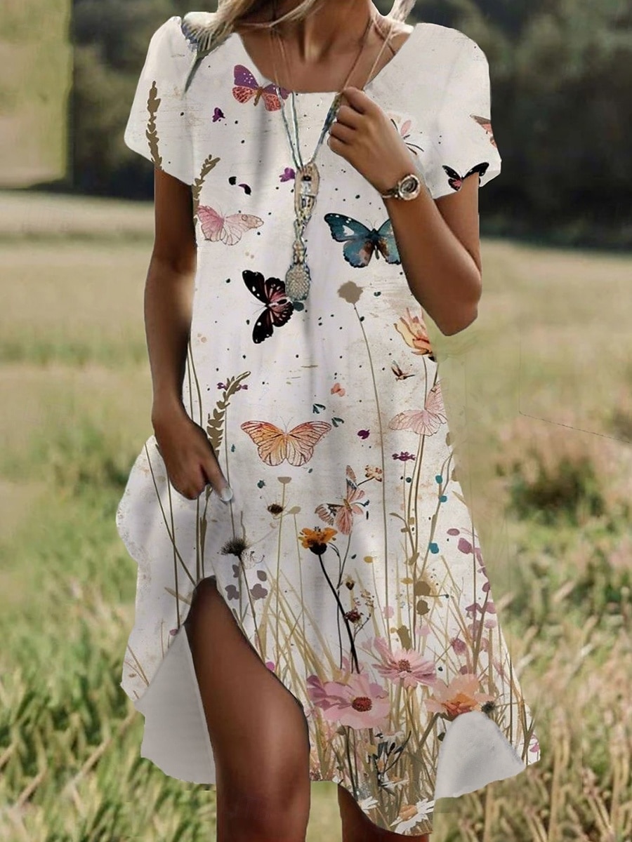 Damen Minikleid Freizeitkleid T-Shirt-Kleid Sommerkleid A Linie Kleid Stilvoll Lässig Strand Normale Passform Blumen Grafik Schmetterling Kurzarm Rundhalsausschnitt Weiß Sommer Frühling 2025 - $23.99 –P1