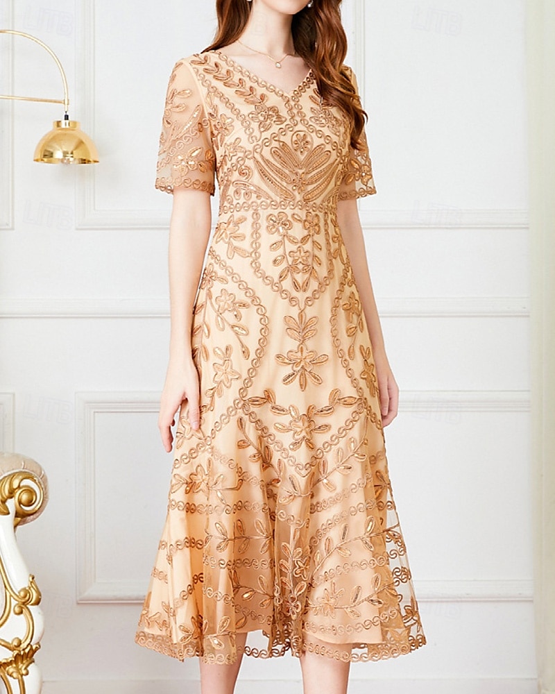 A-Linie Kleid Mutter der Braut Kleid Elegant Vintage Party V-Ausschnitt Tee-Länge Kordelspitze Kurzarm mit Spitze Pailletten Midi Kleid 2025 - $131.99 –P5