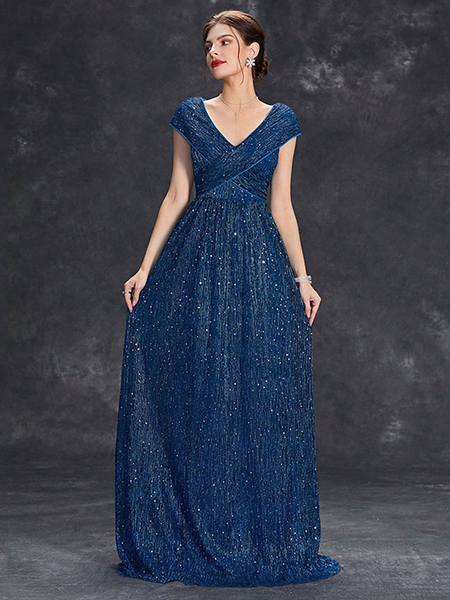 Dress Mother of the Bride Dress Elegant Party V Neck Floor Length Chiffon Polyester Short Sleeve with Sequin 2025 - $89.99 –P5