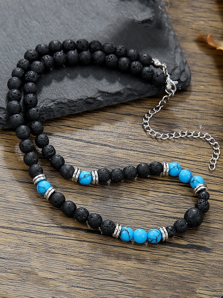 Collier de perles en pierre naturelle fait main pour homme – ras du cou style bohème vintage turquoise et agate noire, bijoux tribaux pour la plage, les voyages et les tenues décontractées de 2025 ? $9.99 –P6