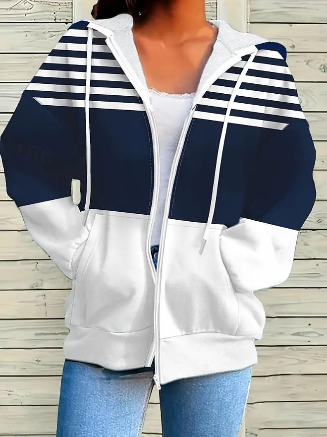 Γυναικείο Ζακέτα με Φερμουάρ Oversized Γεωμετρικό Ριγέ Ενεργό Vintage Αθλητικό Μακρυμάνικο Μπουφάν Κανονικά Top Καθημερινά Διακοπών Κορδόνι Μπροστινής Τσέπης Ναυτικό Μπλε Άνοιξη Φθινόπωρο 2025 - $24.99 –P1