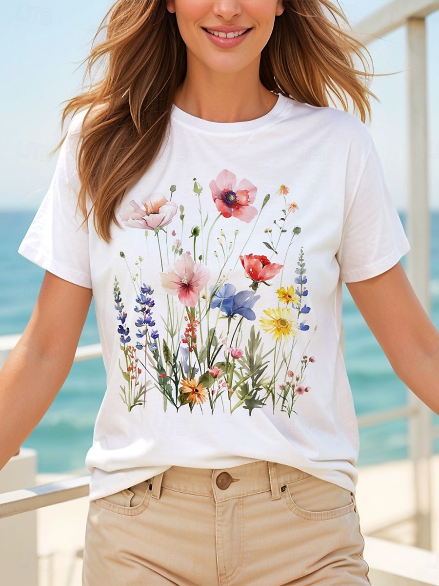 Dame T skjorte Bomullsskjorte Blomstret Grafisk Fritid Kortermet Rund hals Vanlige topper Daglig Trykt mønster Hvit Sommer 2025 - $19.99 –P1