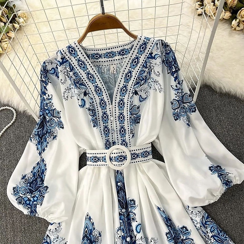 Dam Midiklänning Boho-klänning Klänning med tryck Mode Puffärmad Utomhus Helgdag Utekväll Normal Blomma Långärmad V-hals Blå Sommar 2025 - $26.99 –P4