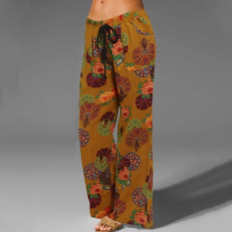 Femmes Pantalon en coton et lin Slacks Pantalon palazzo Mode Streetwear Longueur complète Naturel Fleuri Impression Conception à cordon élastique Confortable Extérieur Rue Tenue quotidienne Sortir de 2025 ? $22.99 –P8