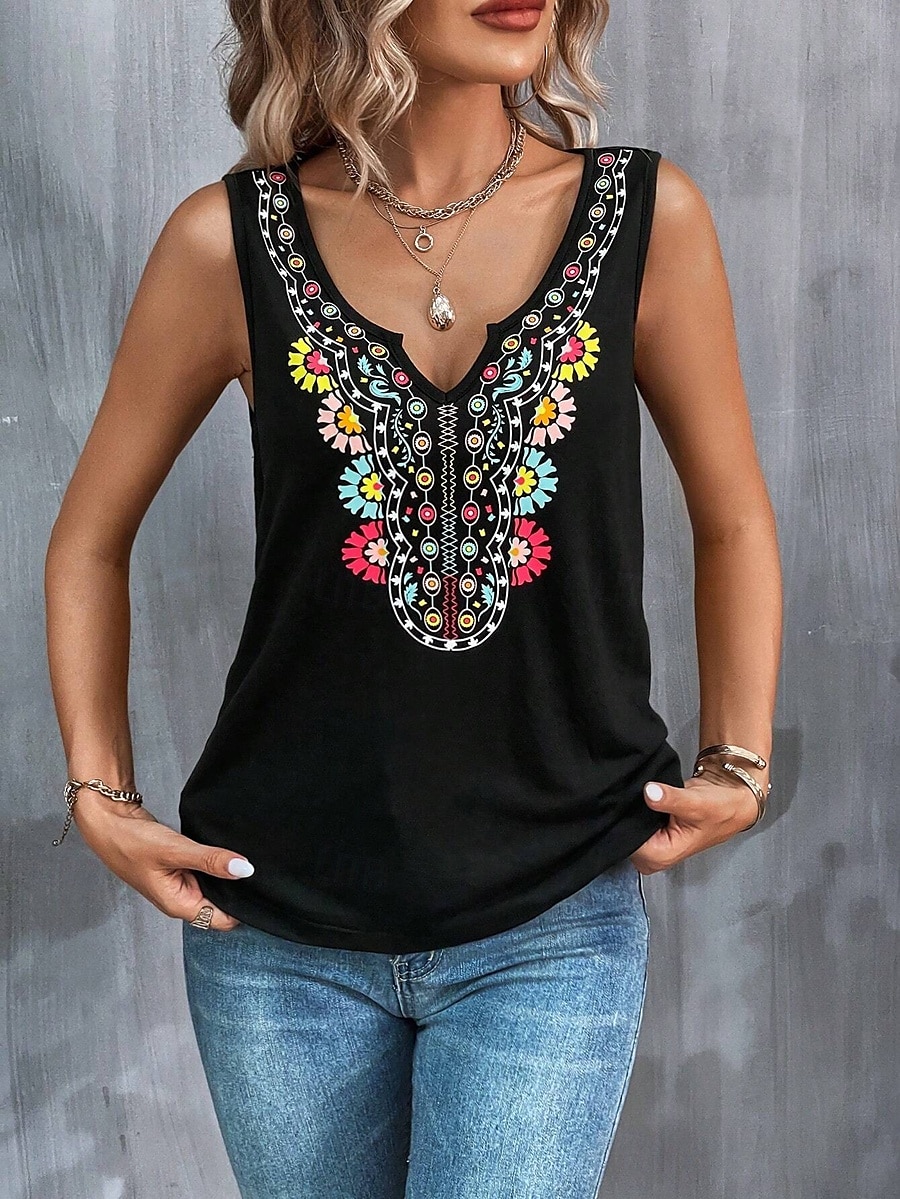 Dame Camisole Tank Top Blomstret Grafisk Paisly Stilfull Fritid Ermeløs V-hals Vanlige topper Daglig Trykt mønster Svart Sommer 2025 - $17.99 –P4