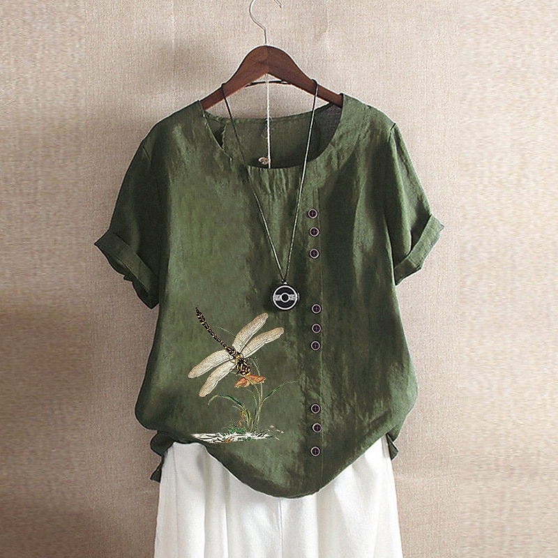 Pentru femei Cămăși Bumbac In Bluză In din bumbac artificial Nasturi Imprimeu Floare Modern Casual Manșon scurt Stil Nautic Topuri obișnuite Concediu Ieșire Alb Galben Verde Militar Trifoi Vară 2026 - $19.99 –P5