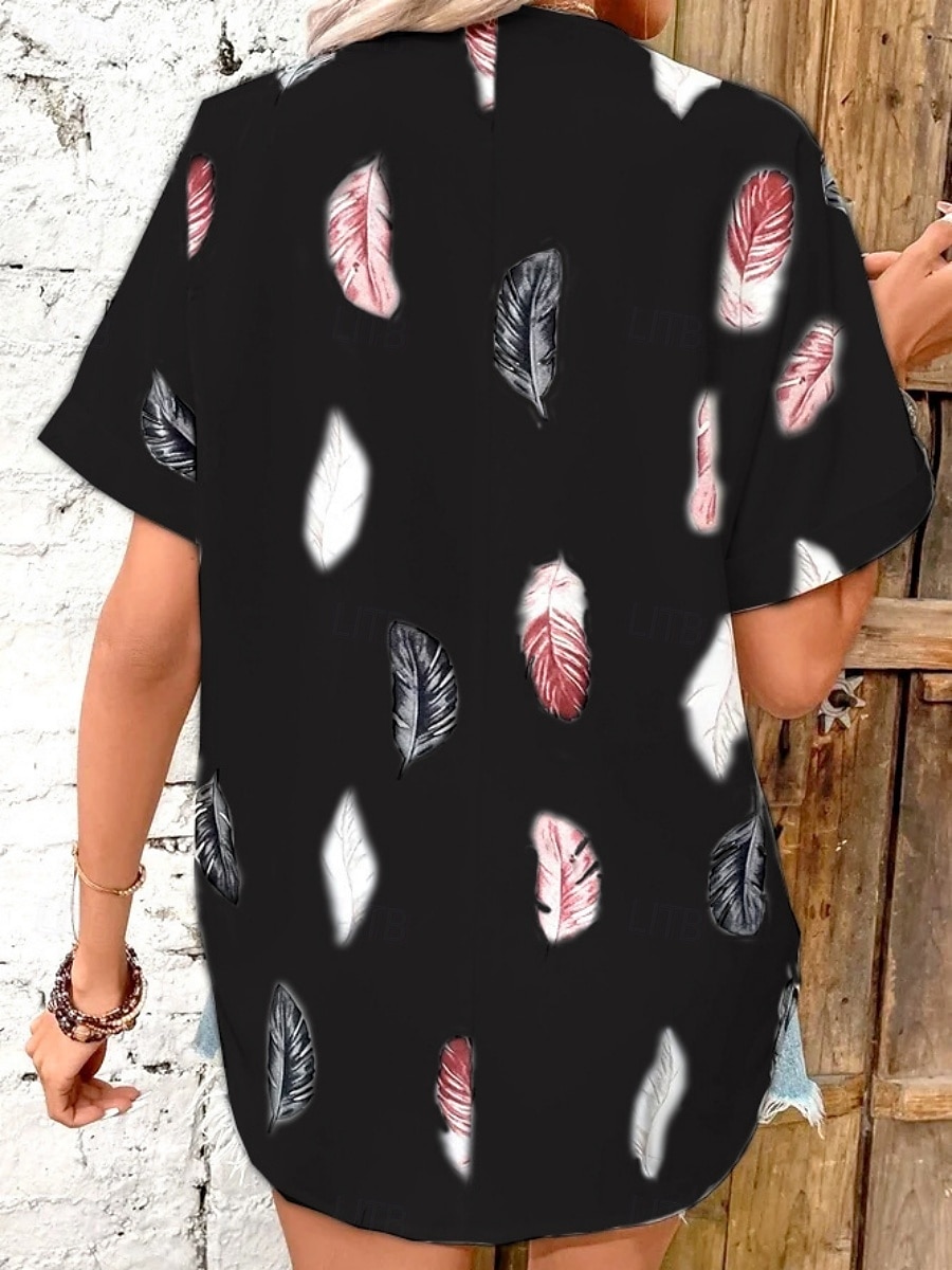 Women's Shirt Feather Stylish Casual Short Sleeve Shirt Collar Regular Tops Daily Buttons Print Black White Pink Wine Blue Summer Spring 2025 - $19.99 –P9