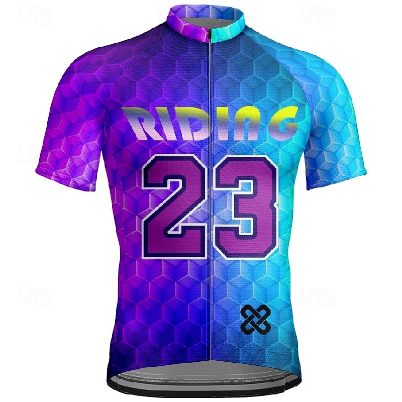 2026年 男性用 サイクリングジャージー 幾何学模様 文字＆番号 半袖 バイク Tシャツ ジャージー 3つのリアポケット付き マウンテンサイクリング 速乾性 人間工学デザイン ウィッキング 高通気性 スポーツ 濃い紫色 ブルー スカイブルー 衣類  コレクション – $28.99 –P11