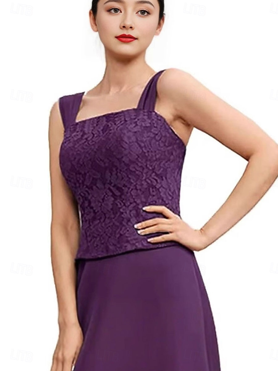 Dress Sets Mother of the Bride Dress Elegant Simple Scoop Neck Tea Length Chiffon Polyester Lace Long Sleeve with Lace Solid Color 2025 - $99.99 –P3