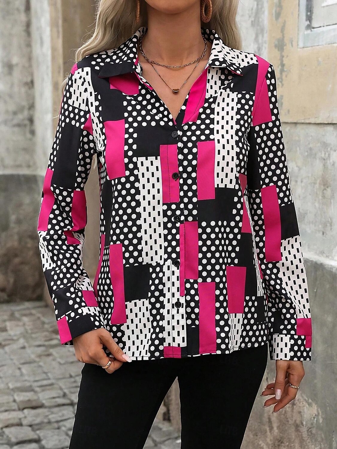 Dame Skjorte Grafisk Geometrisk Polkadotter Fritid Langermet Skjortekrage Vanlige topper Arbeid Daglig Knapper Trykt mønster Rosa Vår Høst Vinter 2025 - $32.99 –P2