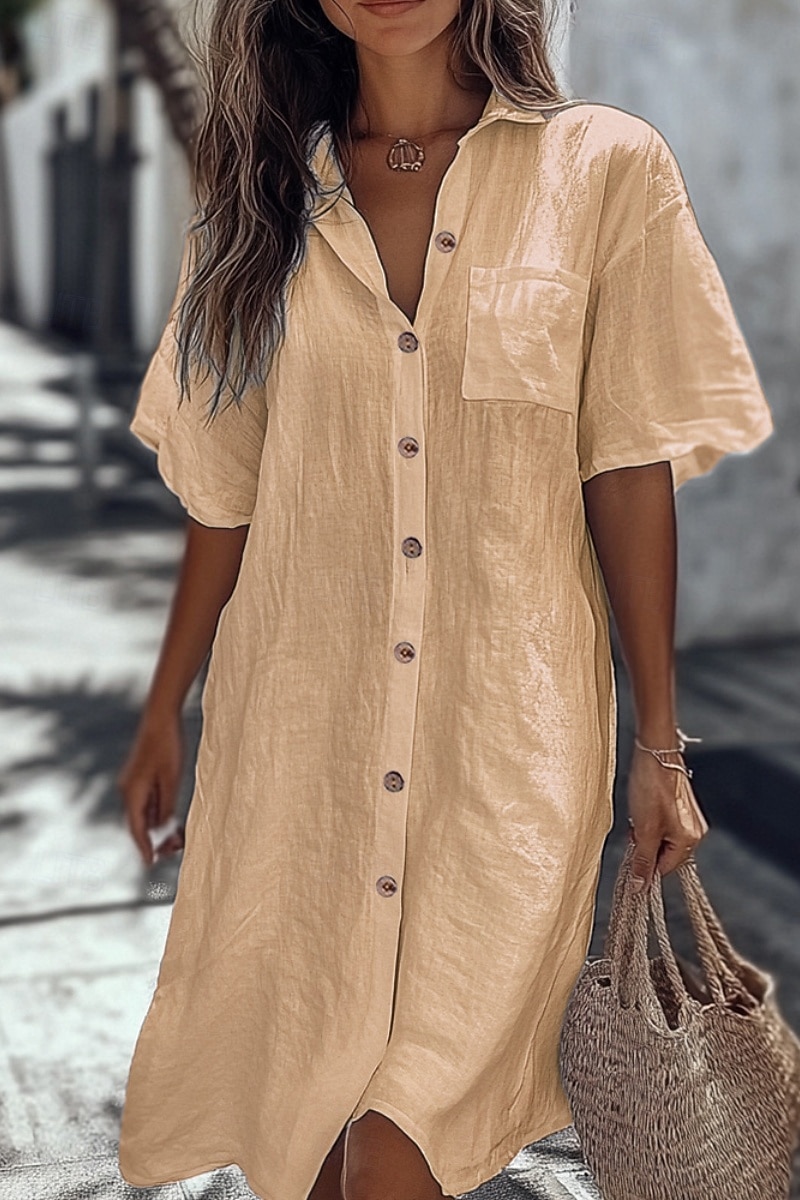 Mujer Camisa Algodón Compuesto Abotonar Blusa Bolsillo Botones Plano Básico Moderno Casual Manga Corta Cuello Camisero Tops largos Diario Festivos Noche Blanco Amarillo Azul claro Verano 2026 - $28.99 –P1