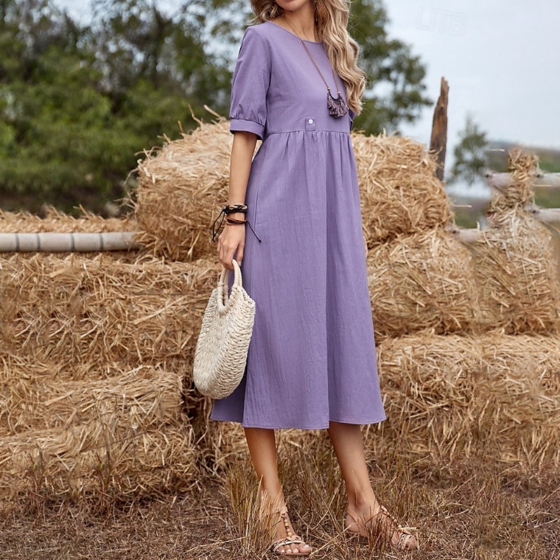 Femmes Robe Midi Robes inspirées du lin Robe Décontractée Robe en coton et lin Mode Basique Extérieur Quotidien Fête Coupe régulière Uni Manche Courte Col ras du cou Vert Claire Vert Véronèse Violet de 2025 ? $28.99 –P4