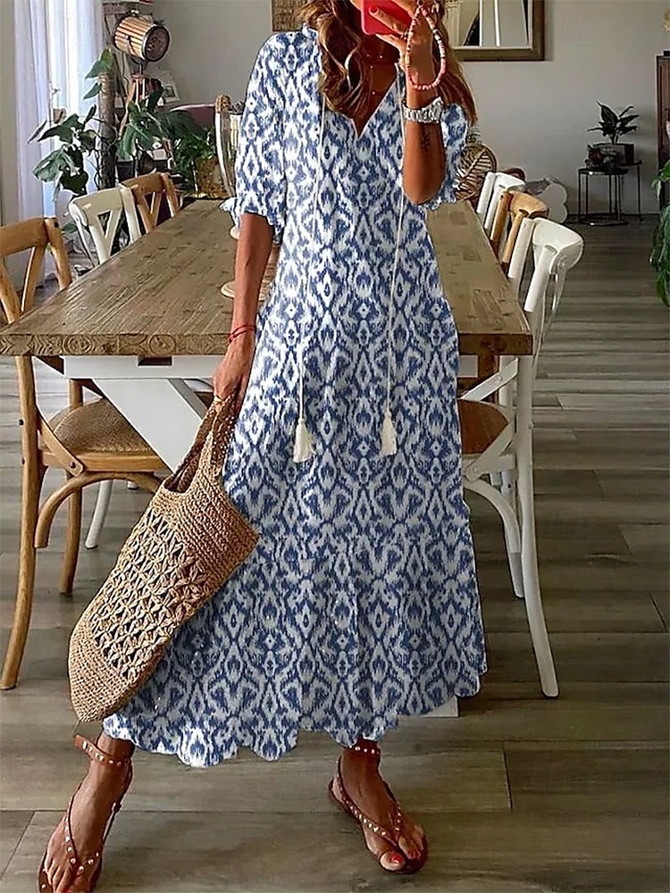 Damskie Długa sukienka sukienka maxi Sukienka Boho Sukienka z nadrukiem Sukienki Peplum Romantyczna Nowoczesny Bufka Codzienny Święto Plaża Luźna Graficzny Kwiat Rękaw 1/2 W serek Rumiany r 2025 - $24.99 –P1