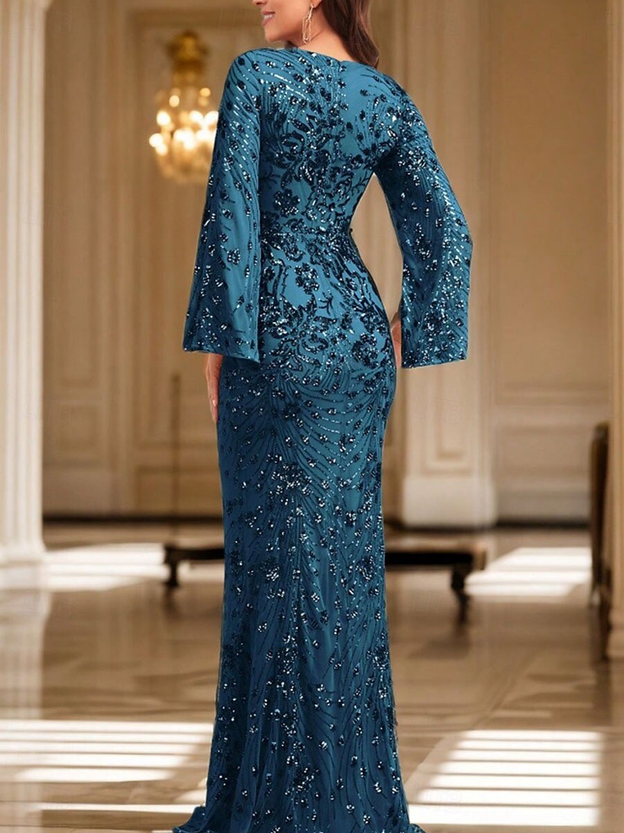 Havfrue  Trompet Quinceanera Kjoler Elegant Kjole Bryllup Bryllups gjest Gulv Lengde Lange Ermer V Hals Spandex med Paljetter 2025 - $129.99 –P7