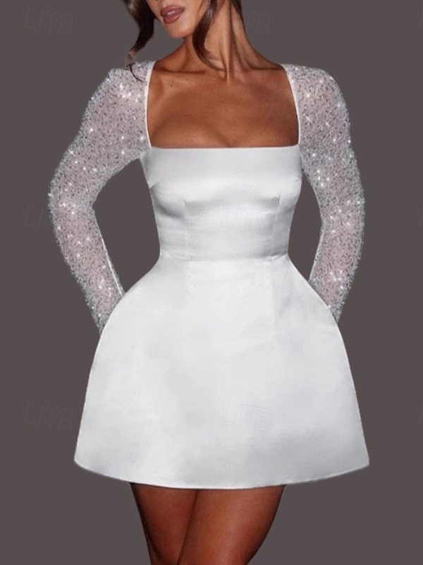 А-силуэт Короткое мини Свадебные платья Платья для свадебного душа Свадебное платье Маленькие белые платья Длинный рукав Квадратный вырез градация День рождения Сатин Кружева с Жемчужная отделка Узор 2026 - $153.99 –P1