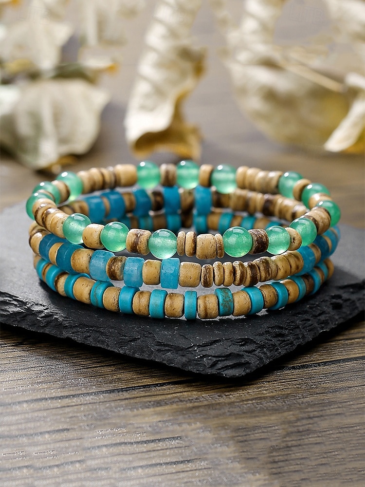 Juego de pulseras de cuentas de piedra natural hechas a mano para hombre: pulsera de madera y turquesa estilo bohemio surfista, joyería tribal ajustable para playa, viajes y ropa informal. 2025 - $9.99 –P4