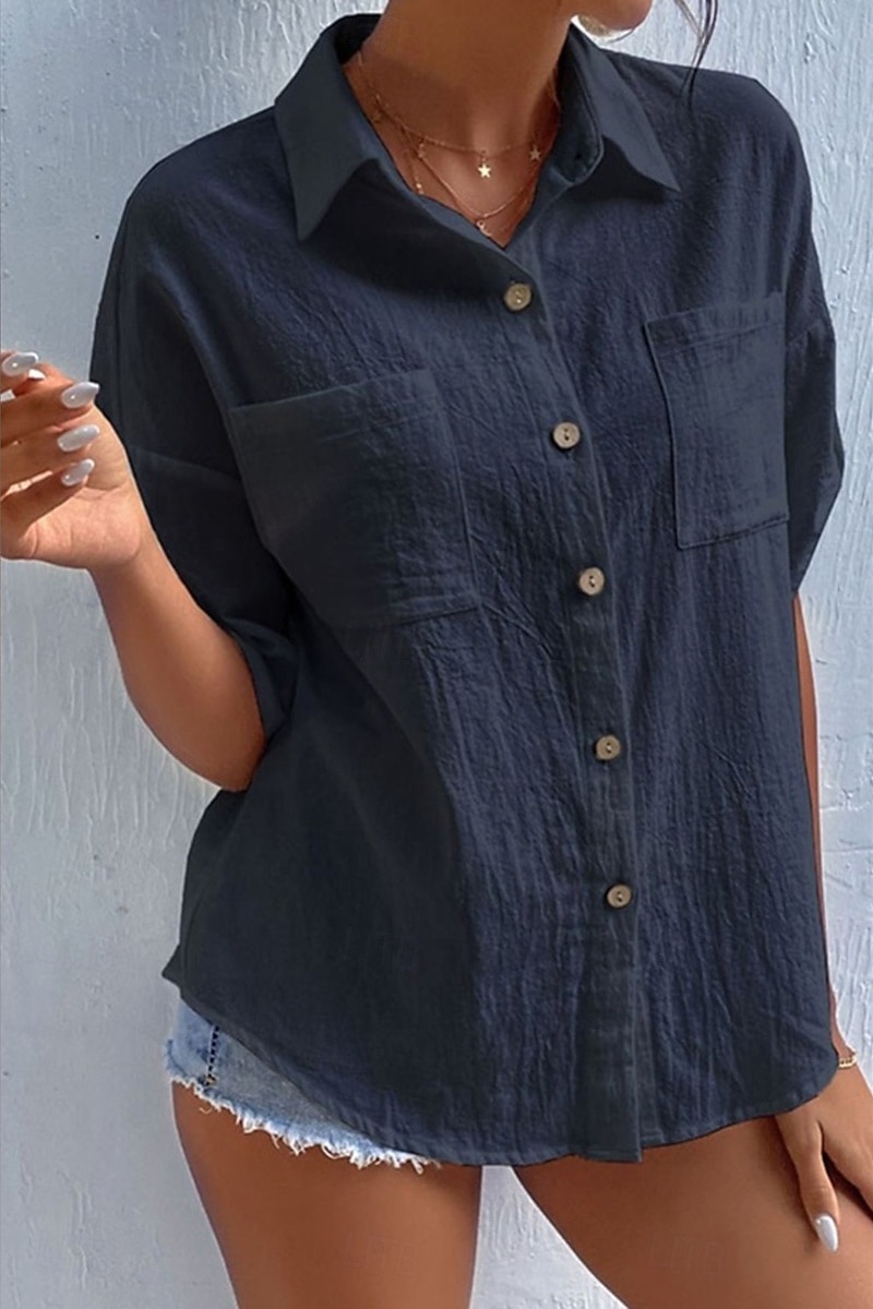 Damen Hemd Baumwoll-Leinen-Hemden Knopfleiste Bluse Einfach Basic Lässig Kurzarm Hemdkragen Normale Oberteile Ferien Ausgehen Knöpfe Tasche Schwarz Weiß Marineblau Khaki Grau Sommer 2025 - $21.99 –P11