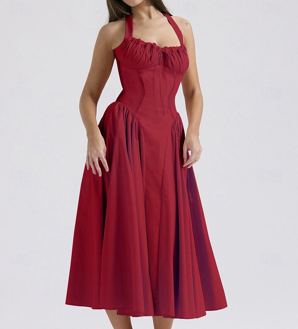 Retro Vintage Medieval Renaissance Midi Dress Flare Dress Ren Faire Halter Regency Inspired Floral Women's Masquerade Wedding Vacation Casual Daily Adults' Dress Summer 2025 - $32.99 –P14