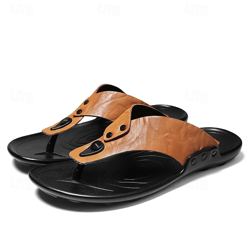 Moderne Flip-Flops aus hellbraunem Kunstleder für Herren mit doppelten Aussparungen und verstellbaren Riemen – vielseitiges Schuhwerk für Komfort im Alltag 2025 - $24.99 –P4