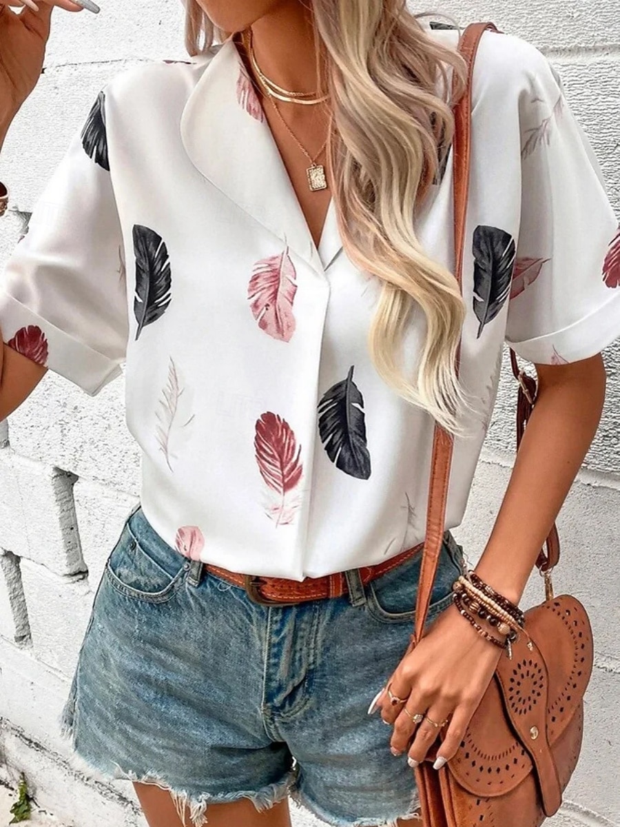 Women's Shirt Feather Stylish Casual Short Sleeve Shirt Collar Regular Tops Daily Buttons Print Black White Pink Wine Blue Summer Spring 2025 - $19.99 –P1