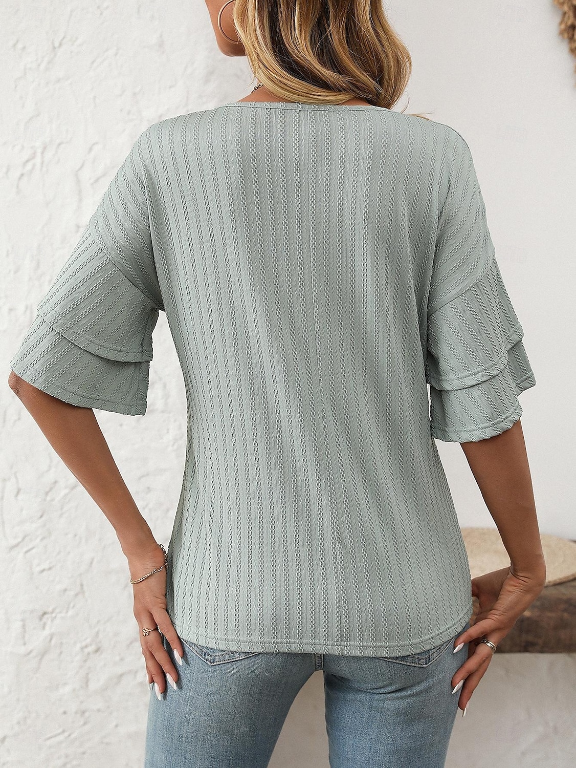 Women's T Shirt Plain Fashion Modern Short Sleeve V Neck Regular Tops Daily Ruffle Black White Wine Sky Blue Fuchsia Summer 2025 - $14.49 –P7