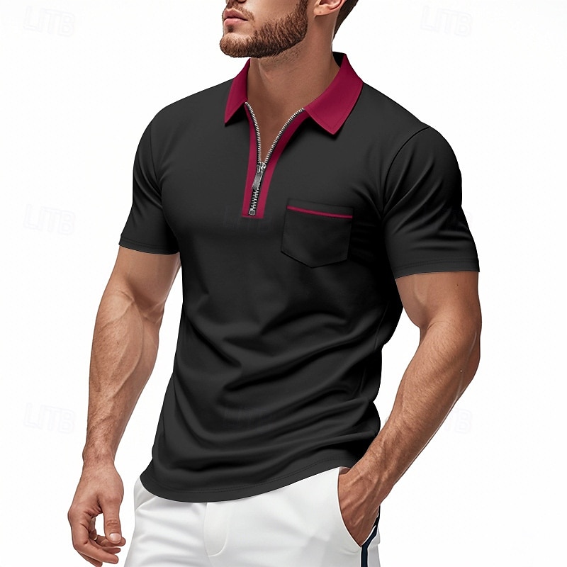 Voor heren Polo met kwartrits Golfshirt Dagelijks Feestdagen Kwart ritssluiting Korte mouw Modieus Basic Kleurenblok Lapwerk Zomer Lente Normale pasvorm Licht Blauw Zwart Wit Wijn Marineblauw Oranje 2025 - $17.99 –P2