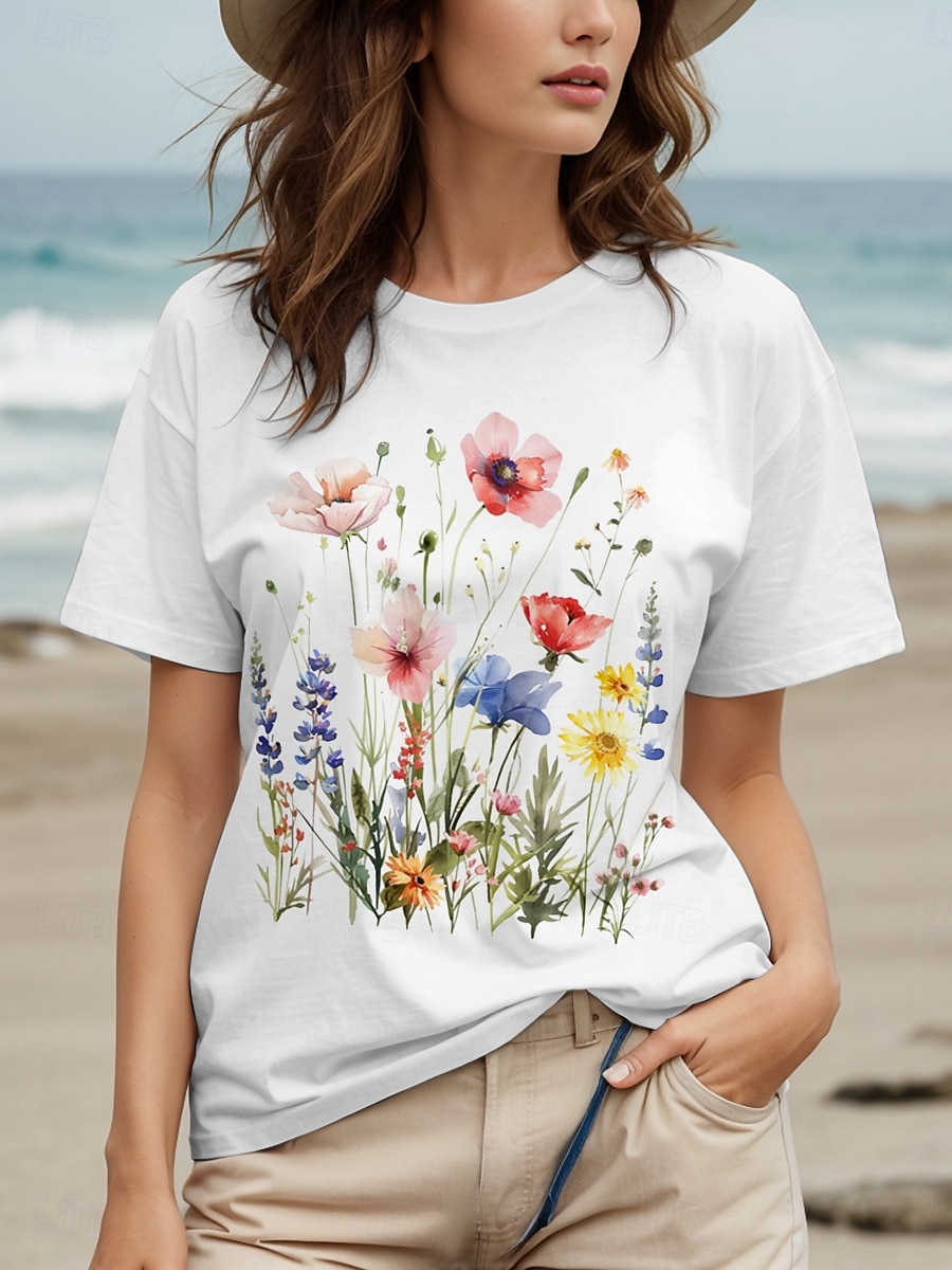 Dame T skjorte Bomullsskjorte Blomstret Grafisk Fritid Kortermet Rund hals Vanlige topper Daglig Trykt mønster Hvit Sommer 2025 - $19.99 –P4
