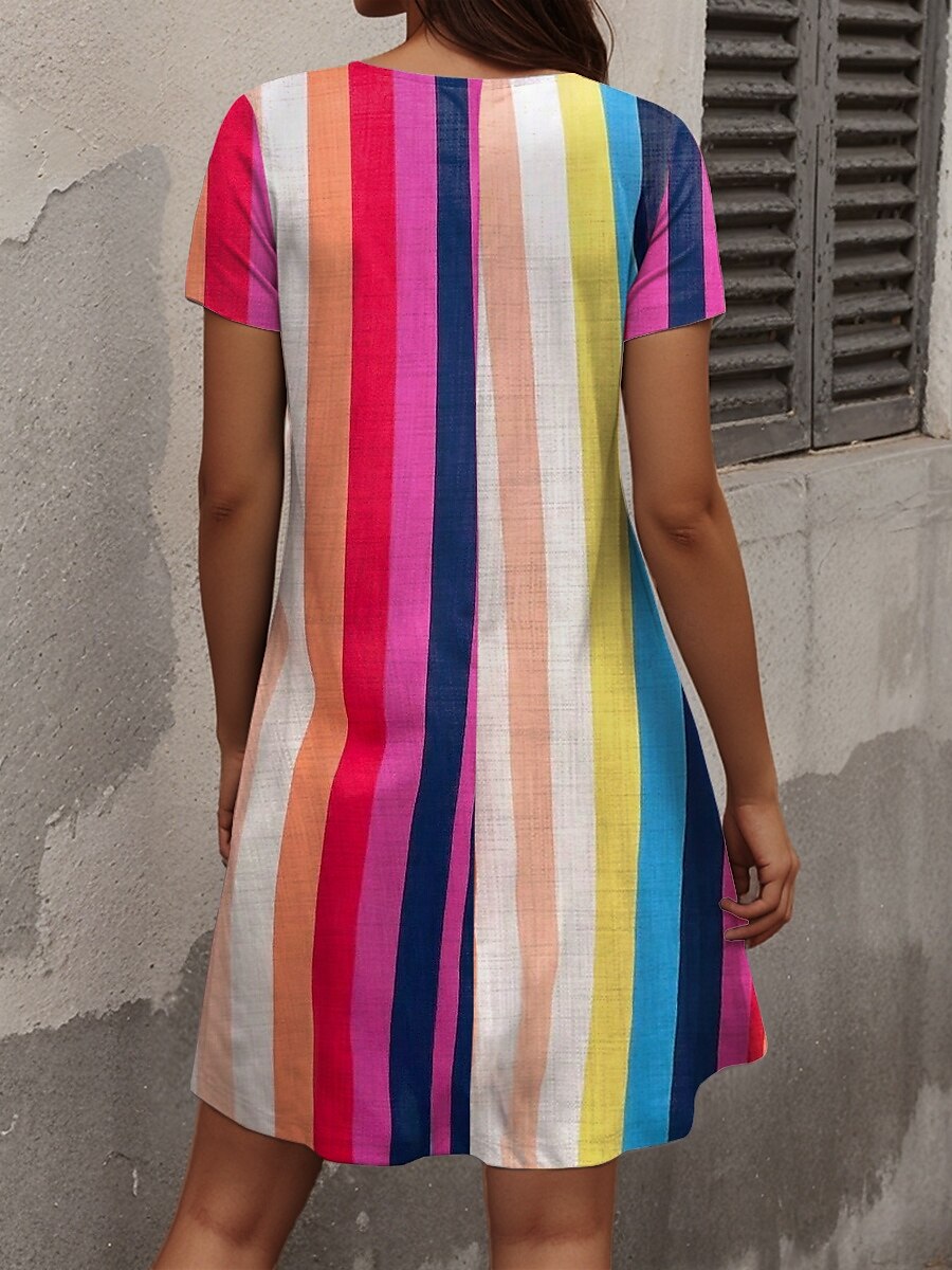 Dames Mini Jurk Shift Jurk Casual Dagelijks Regelmatige Pasvorm Geometrisch Korte Mouw Geulp Hals Regenboog Zomer Lente 2025 - $31.99 –P2
