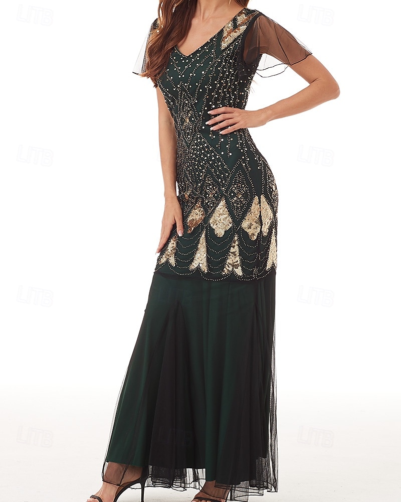 Sheath / Column Mother of the Bride Dress Elegant Vintage Party V Neck Floor Length Lace Tulle Short Sleeve with Beading Sequin Appliques 2025 - $79.99 –P3