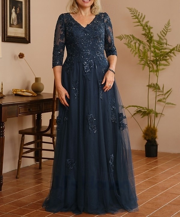 A-Line Mother of the Bride Dress Wedding Guest Elegant V Neck Floor Length Lace Tulle 3/4 Length Sleeve with Beading Appliques 2025 2025 - $180.99 –P3