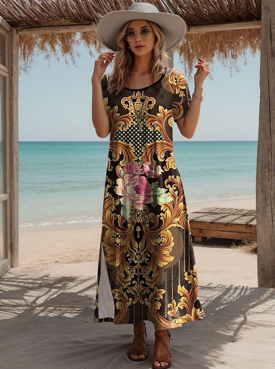 Női Maxi Ruha A Vonalú Ruha T Ing Ruha Tee Ruha Vakáció Hétköznapi Strand Rendes Illeszkedés Virágos Grafika Tribál Rövid Ujjú Kerek Nyak Sárga Nyár 2025 - $27.99 –P1