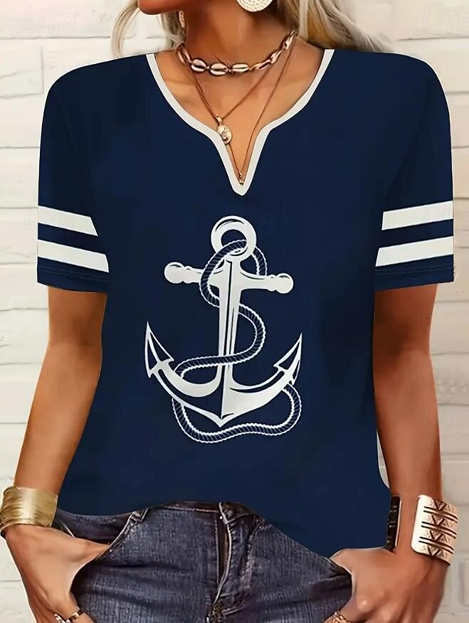 Women's T Shirt Ocean Striped Anchor Casual Short Sleeve Notched Neck Regular Tops Daily Going out Beach Wear Print Navy Blue Summer Spring 2025 - $24.99 –P1