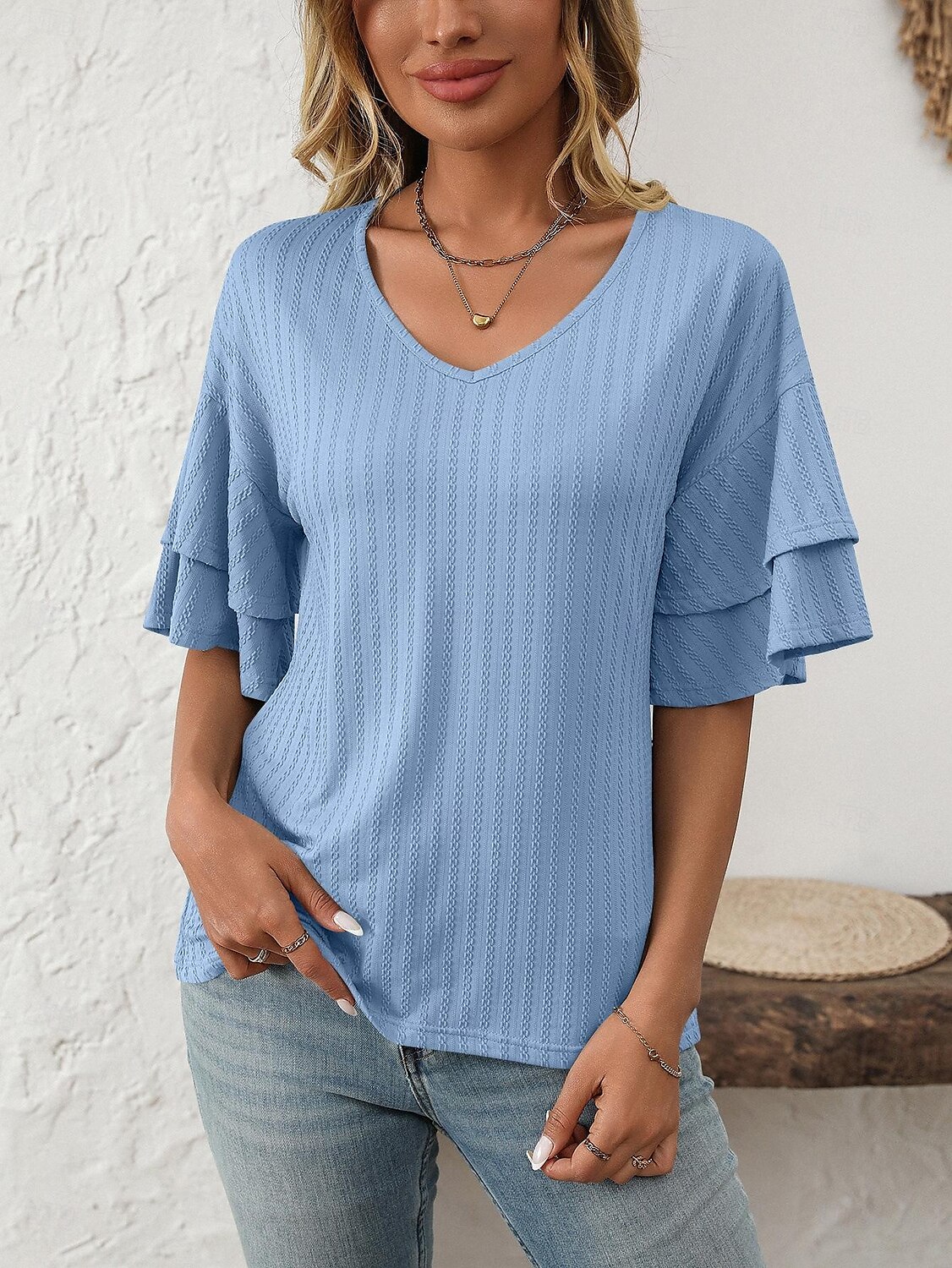 Women's T Shirt Plain Fashion Modern Short Sleeve V Neck Regular Tops Daily Ruffle Black White Wine Sky Blue Fuchsia Summer 2025 - $14.49 –P16