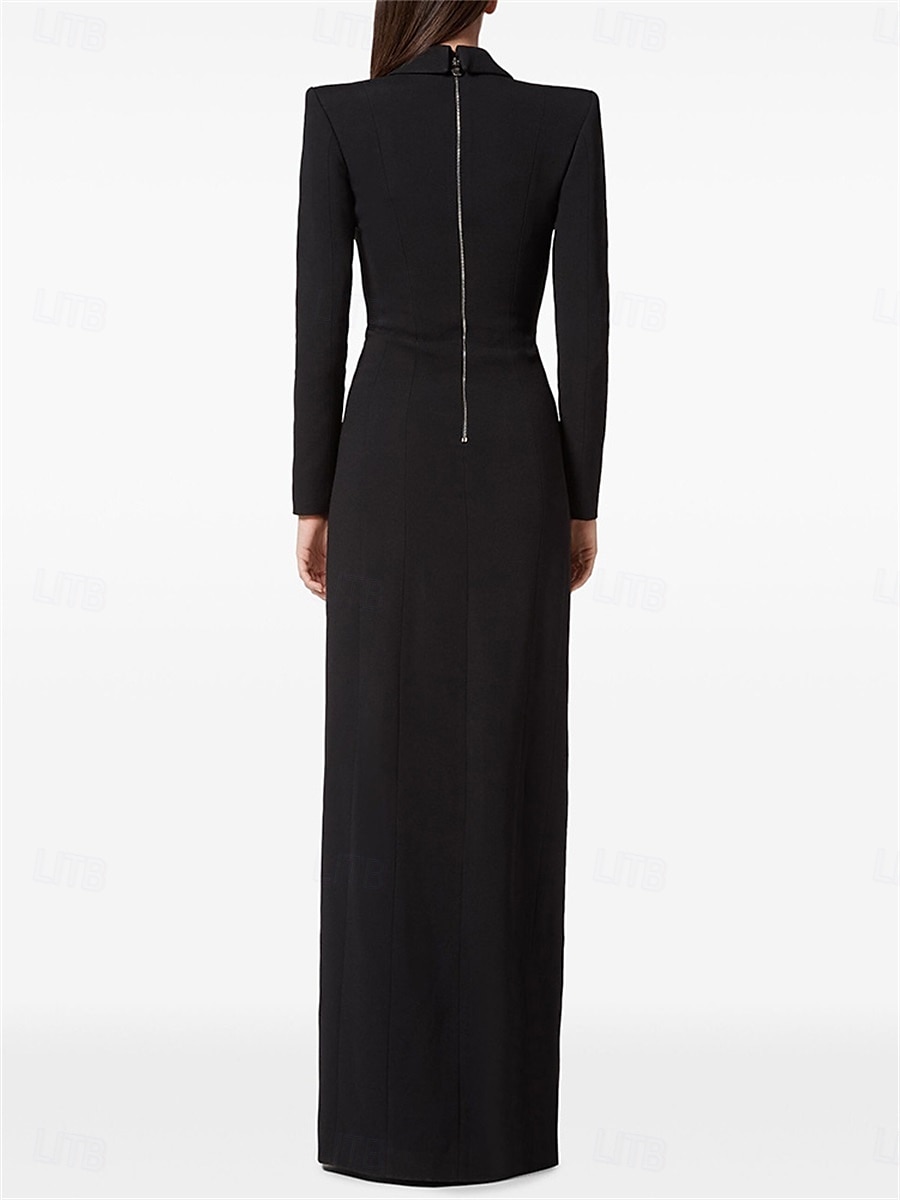Kleid Mutter der Braut Kleid Elegant Partykleid Schwarzes Hemdkragen Bodenlänge Polyester Langärmel mit Kristallperlen 2025 - $94.99 –P3