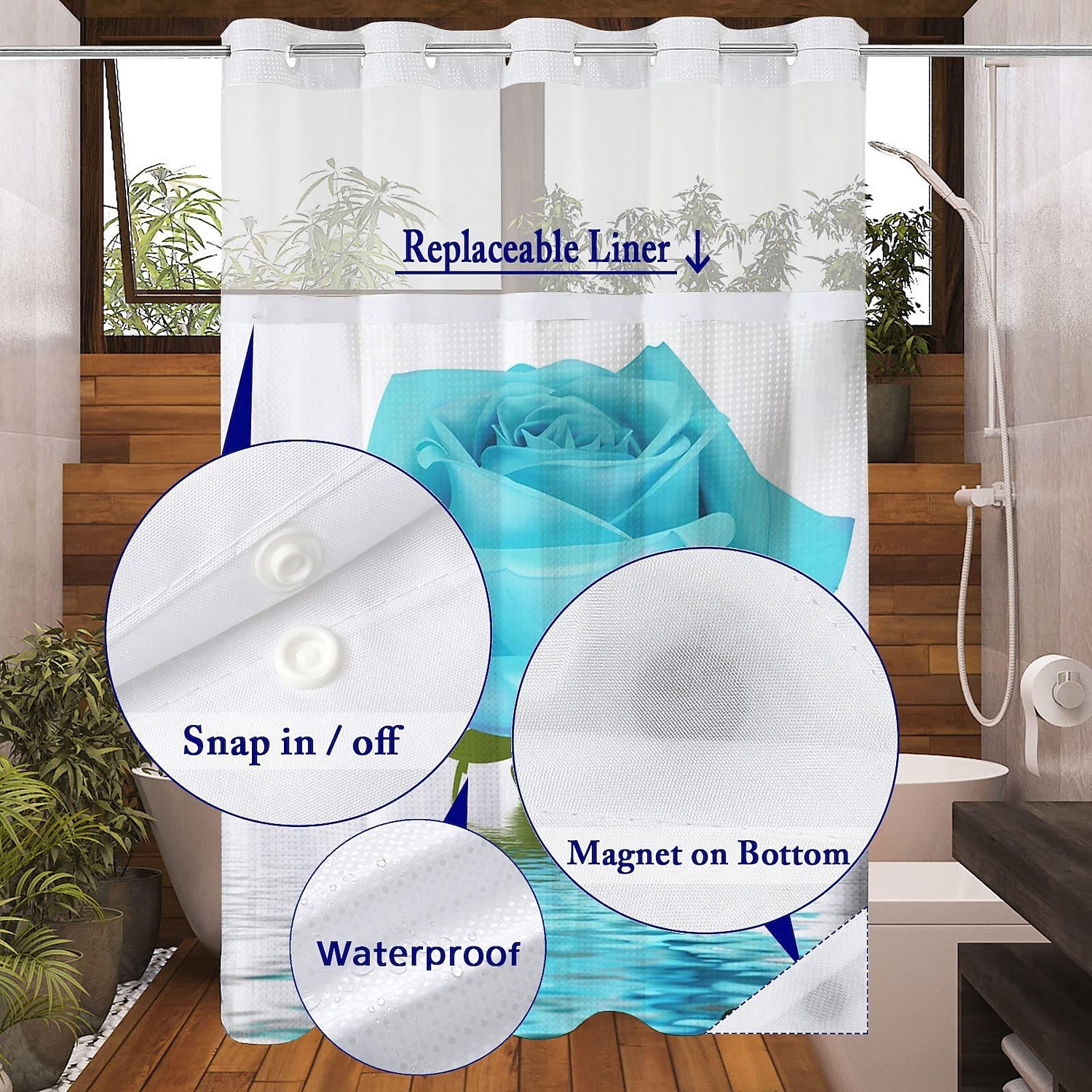 Ensemble de rideaux de douche à motifs floraux en tissu gaufré avec doublure snap-in et fenêtre transparente polyester déperlant haut avec œillets sans crochet rideau de séparation de salle de bain de 2025 ? $41.99 –P10